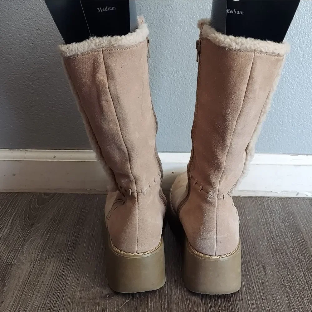Vintage 90s Xhilaration Suede Platform Faux Fur Trim Chunky Boots Size 8.5